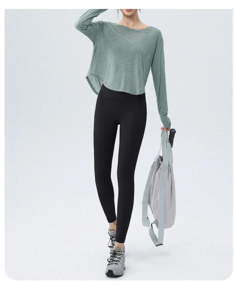 DRUR Women's Long Sleeve Yoga T-Shirts, Loose Fit Sports Fitness Crop Tops Casual Lightweight Thin Shirt For Gym Street Travel