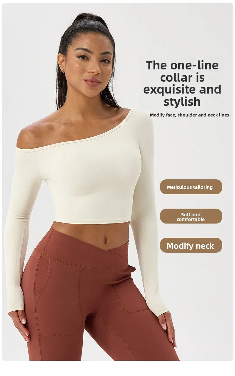 Yoga long-sleeved T-shirt women's one-shoulder sexy tight fitness wear top nude feel quick-drying sports sleeved Yoga Shirts