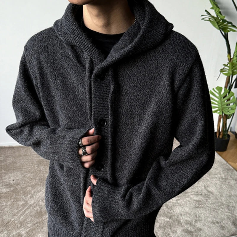 New Casual Luxury Hooded Knitted Cardigan For Man Korean Fashion Loose Button-up Sweater Y2K Vintage Streetwear Knitwear Coat