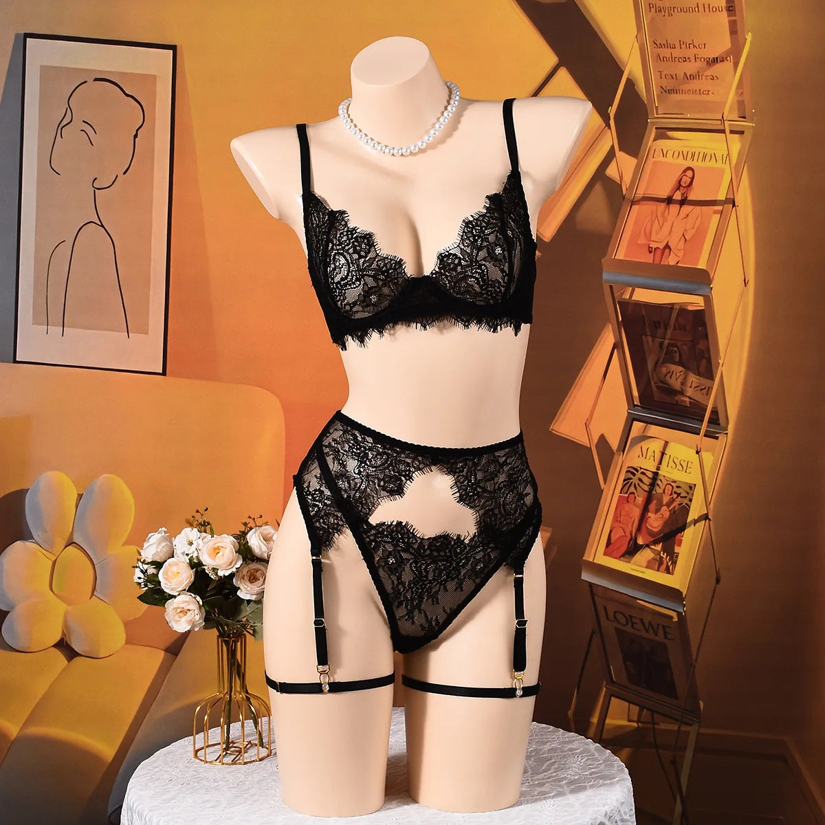 Elegant Lingeries Sexy Hot Exclusive Coffee Bra Belt Thong 3PC with Leg Circles Cute Intimate Lace Tempted Tipsy Set