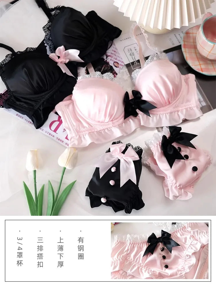 YUQI Kawaii Japanese Lolita Lingerie Set - Cute Bow Bra Cover & Panties for Small Chest, Pure Sexy Teen Girl Charm XS-S Cup Bra