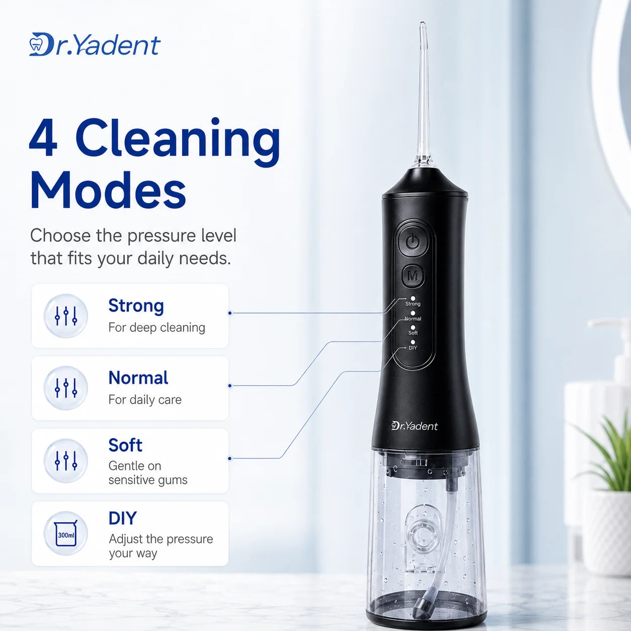 Dr.Yadent YD06 Cordless Oral Irrigator WaterFlosser 300ML Portable Water Jet USB-C Fast Charge 7 Nozzles 4 Modes IPX7 Waterproof