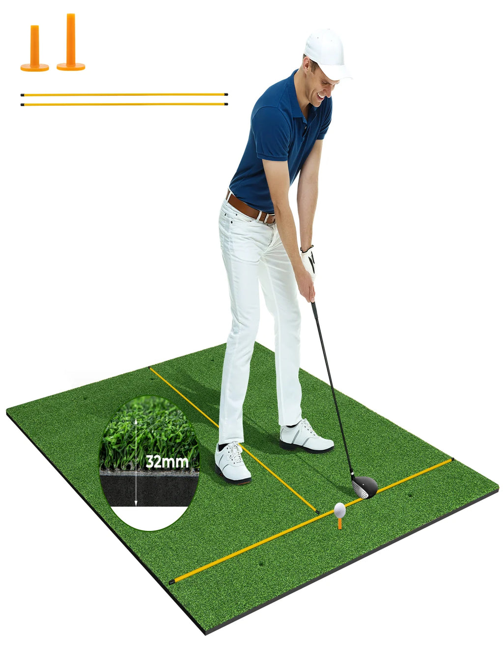 Golf Practice Mat with Artificial Grass, 5 x 4 Feet Indoor Outdoor Hitting Pad with Rubber Tees & Alignment Rods, Golf Mat