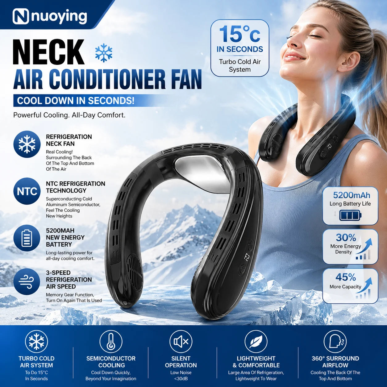 New Portable Neck Fan 5200mAh Neck Air Conditioner Rechargeable Semiconductor Cooling  Fan Outdoor Personal Fan Wearable Cooler Main image