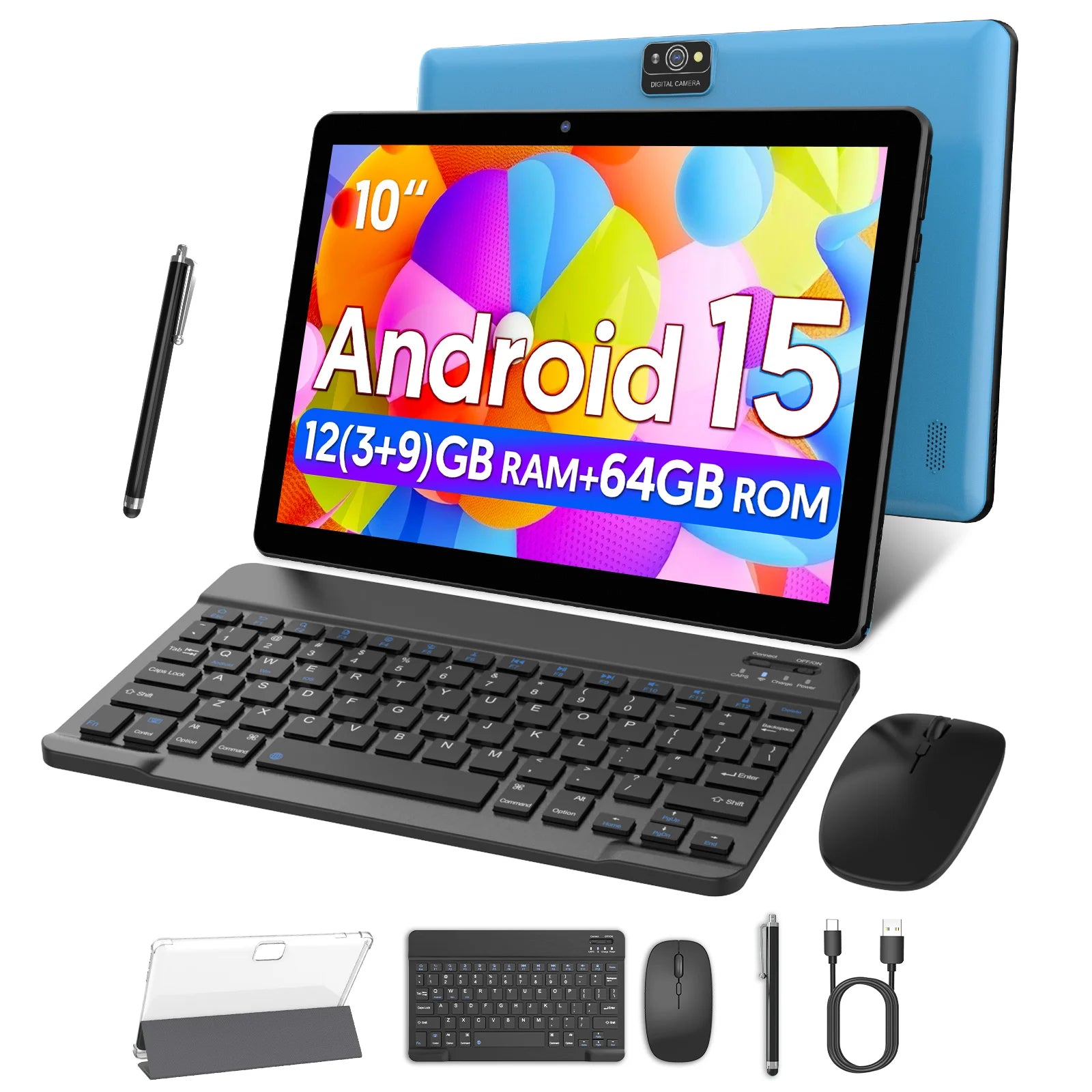 Android 15 Tablet, 10.0-inch screen, quad-core processor, 12GB RAM (3GB+9GB), 64GB storage, 2MP+8MP dual cameras，6000mAh
