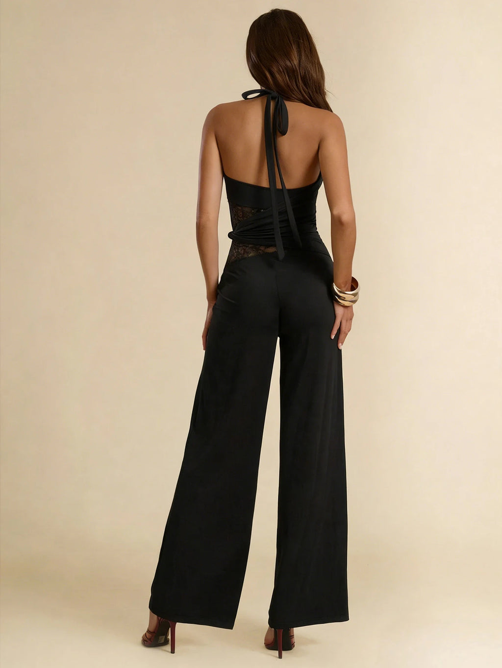 Women's Black Sexy Halter Jumpsuit Sleeveless V Neck Lace Panel Waisted Wide Leg Romper Fashion Spring Summer Party Jumpsuit
