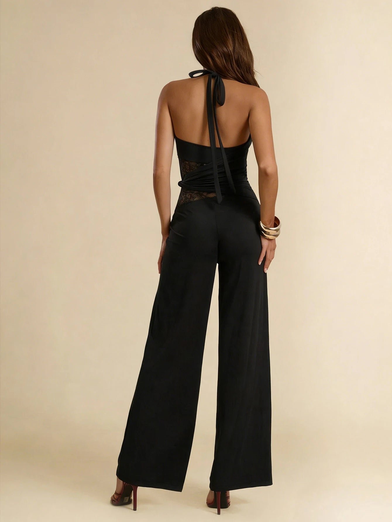 Women's Black Sexy Halter Jumpsuit Sleeveless V Neck Lace Panel Waisted Wide Leg Romper Fashion Spring Summer Party Jumpsuit