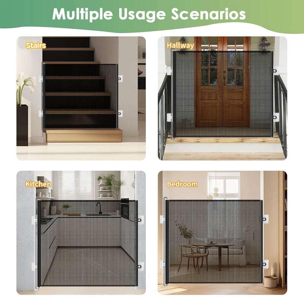 150×78cm Retractable Pet Gate Extendable Mesh Safety Barrier for Dogs Cats No Drill Installation Child Proof Gate Stairs Door