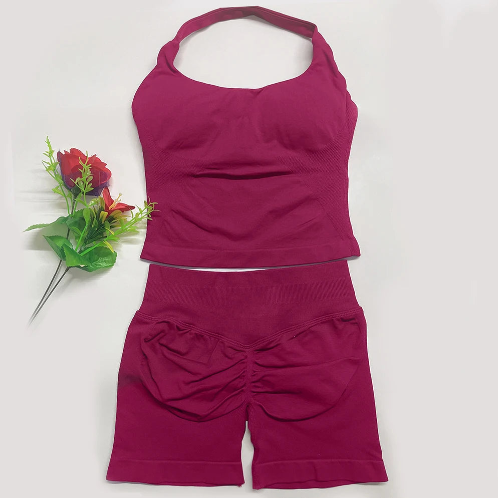 yoga outfits Women 2 pcs Sports DFNNYE Impact Set halterneck Backless Halter Top Seamless Scrunch Shorts Gym Workout Sports Suit