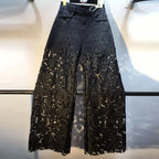 New Summer Denim Patchwork Hook Flower Hollow Lace Straight Leg Wide Leg Pants Casual High Waist Heavy Embroidery Rhinestone