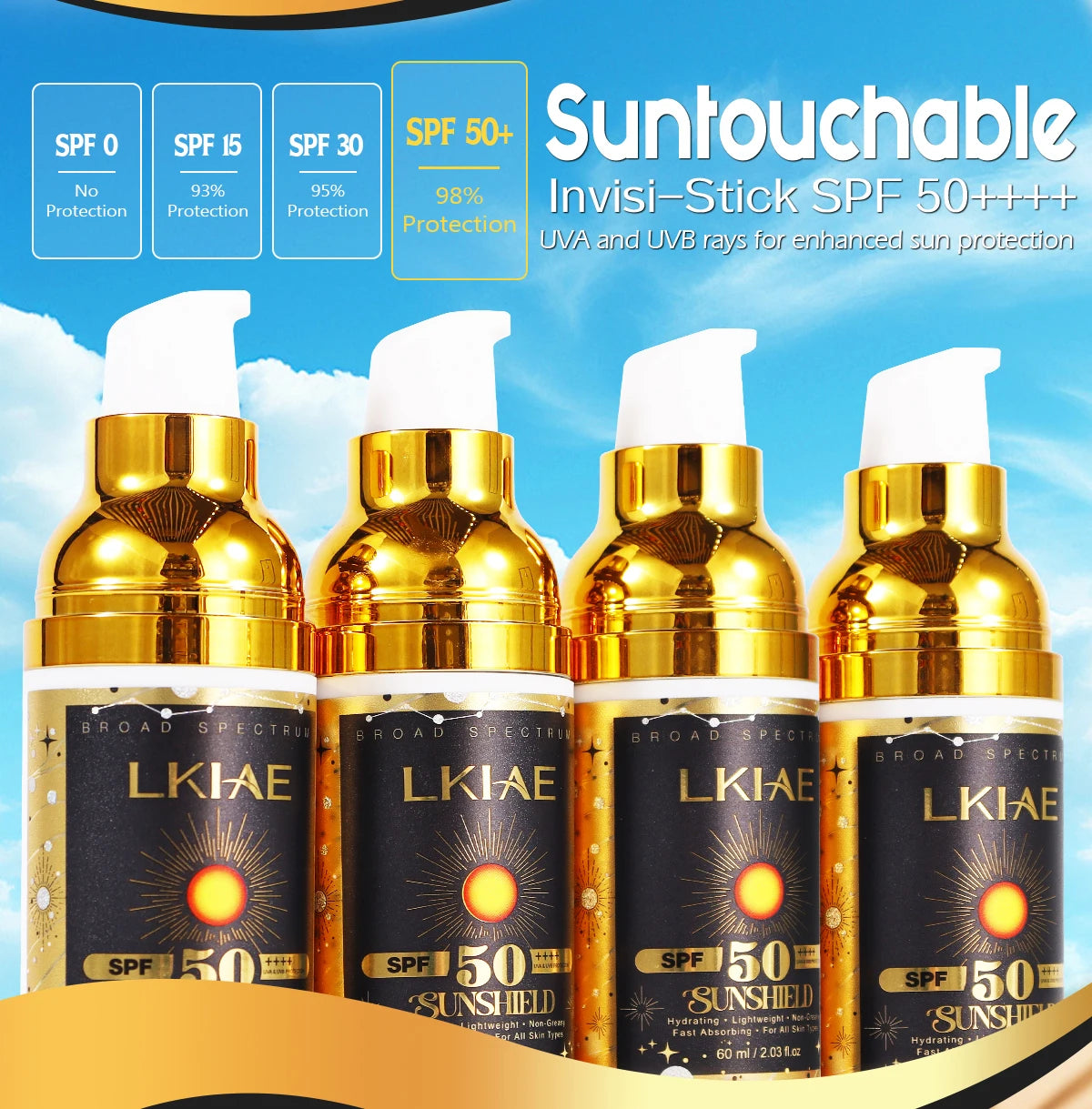 LKIAE Sunscreen, Broad Spectrum SPF 50, UVA/UVB, Lightweight & Non-Greasy, Sunblock, for Face, Body, Non-Comedogenic, 60ml