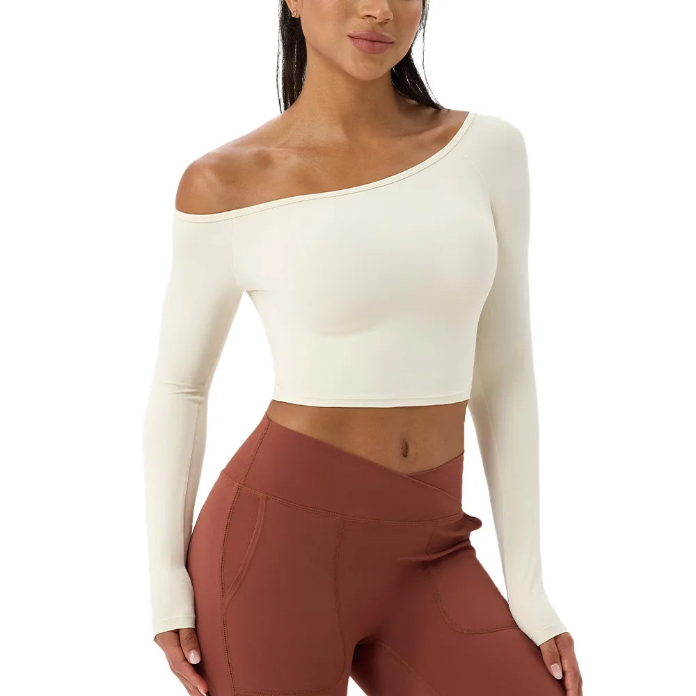 Yoga long-sleeved T-shirt women's one-shoulder sexy tight fitness wear top nude feel quick-drying sports sleeved Yoga Shirts