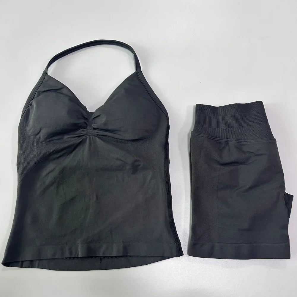 No Logo 2 Pieces Sports Set Women Backless Tank Tops High Waist Scrunch Seamless Shorts Gym Set Sportswear Workout Set Yoga
