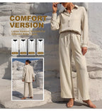 Women's Solid Button Front Shirt & Tie Front Wide Leg Pants Two-piece Set, Casual Drop Shoulder Long Sleeve Blouse Top & Trouser
