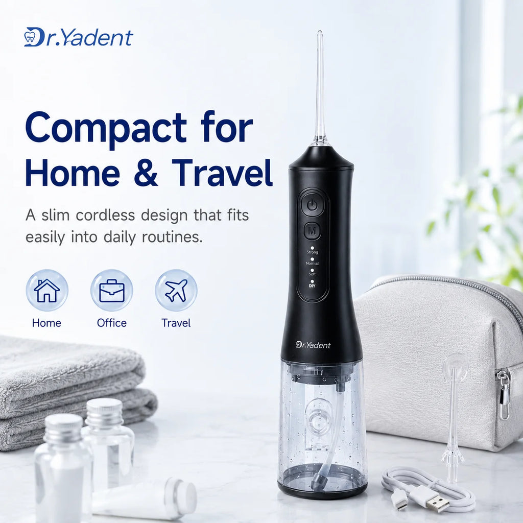 Dr.Yadent YD06 Cordless Oral Irrigator WaterFlosser 300ML Portable Water Jet USB-C Fast Charge 7 Nozzles 4 Modes IPX7 Waterproof