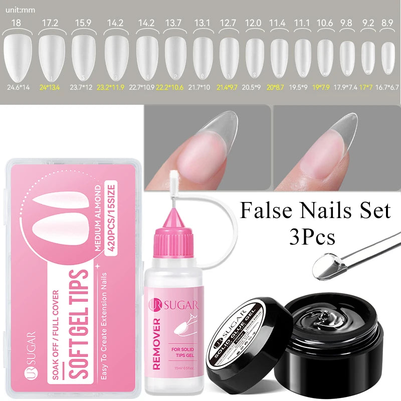 UR SUGAR 3PCS False Nails Set With 420Pcs Matte Soft Gel Tips Solid Glue Gel Remover Quick Nail Extension Kit Nail Beauty Starte