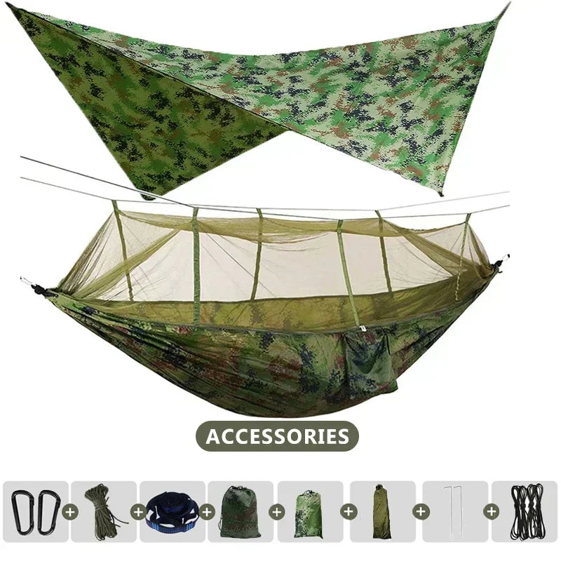260x140cm Camping Hammock Double Size Parachute with Mosquito Net Rain Fly Tarp Lightweight for Hiking Travel