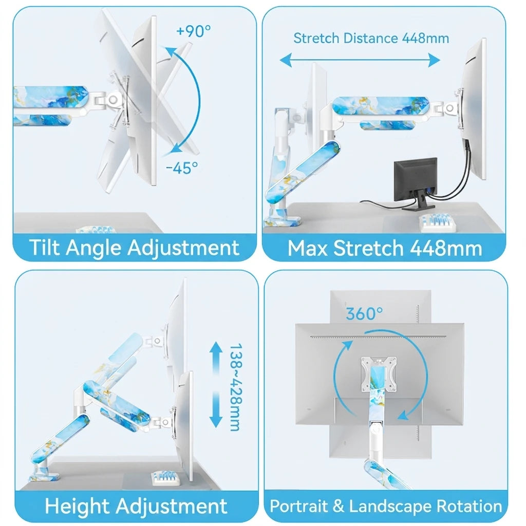 SC5 Jade Marble Pneumatic Monitor Arm Single Desk Mount Stand For 17-35 Inch Screen 2-10kg Load Height Adjustable Gaming Bracket