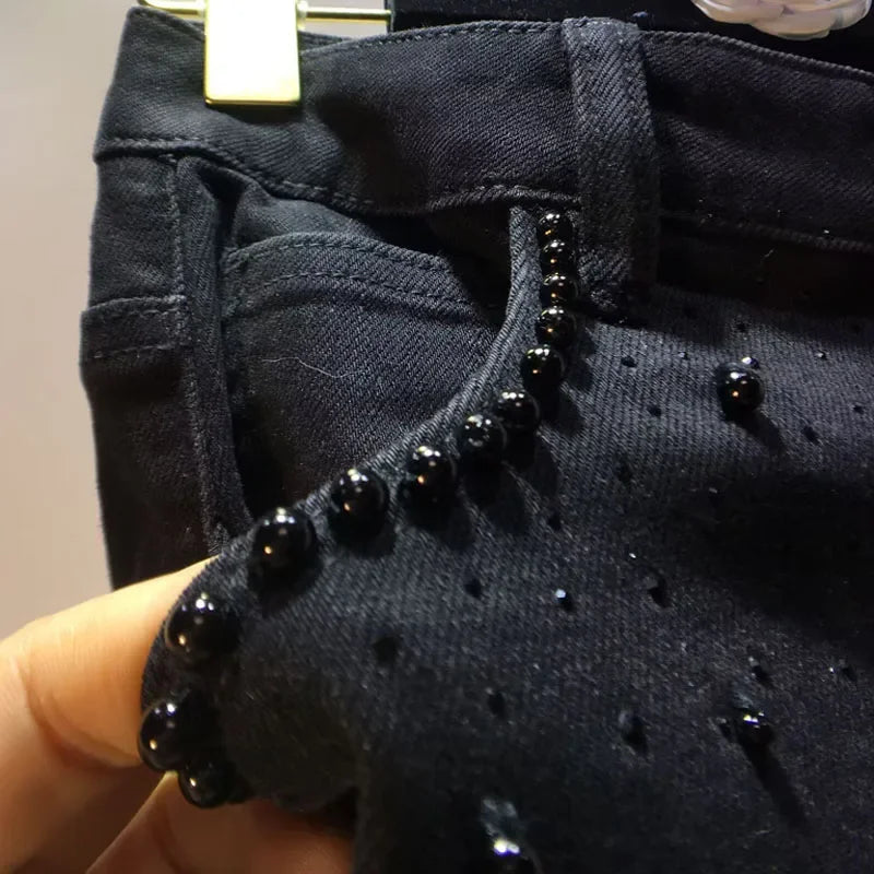 New Summer Denim Patchwork Hook Flower Hollow Lace Straight Leg Wide Leg Pants Casual High Waist Heavy Embroidery Rhinestone