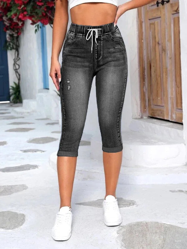 Hole Jeans Women Calf Length Pants Denim Fit High Waist Drawstring Pockets Vintage Pencil Trousers 2026 Streetwear Denims