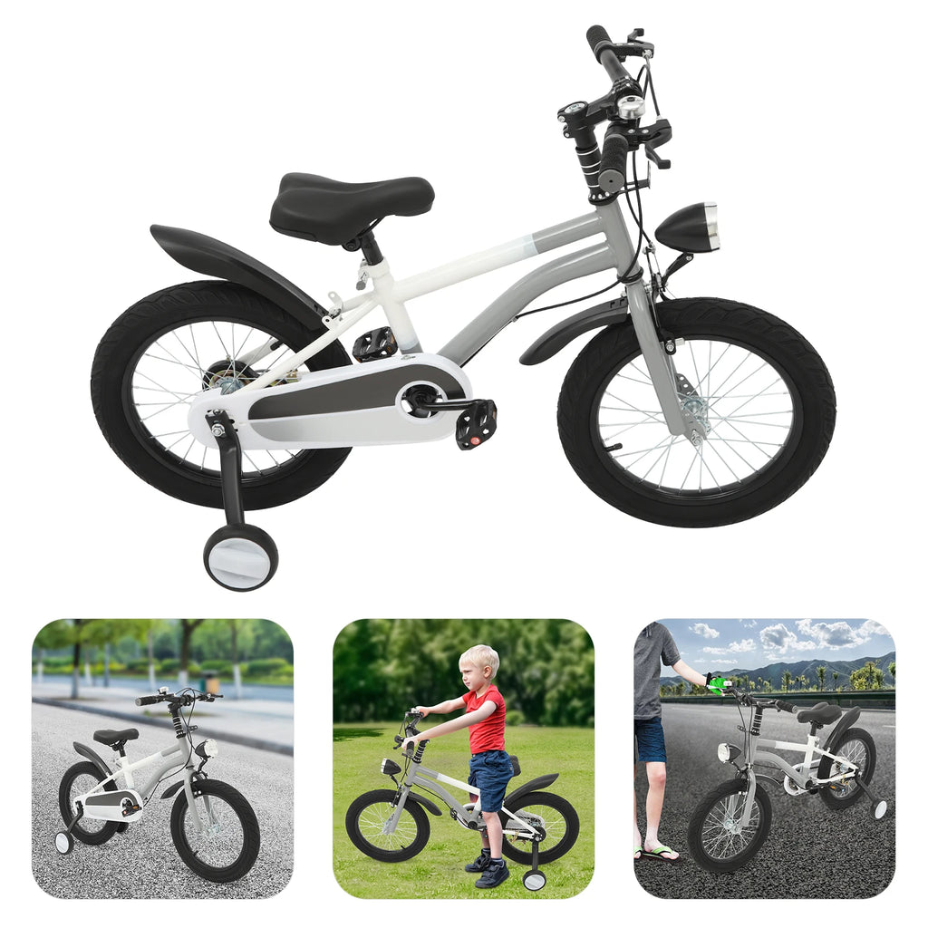 16 Inch Children's Bicycle Carbon Steel Mountain Bike with Auxiliary Wheels & LED Light for 5-8 Years Old,Height Adjustable,60Kg