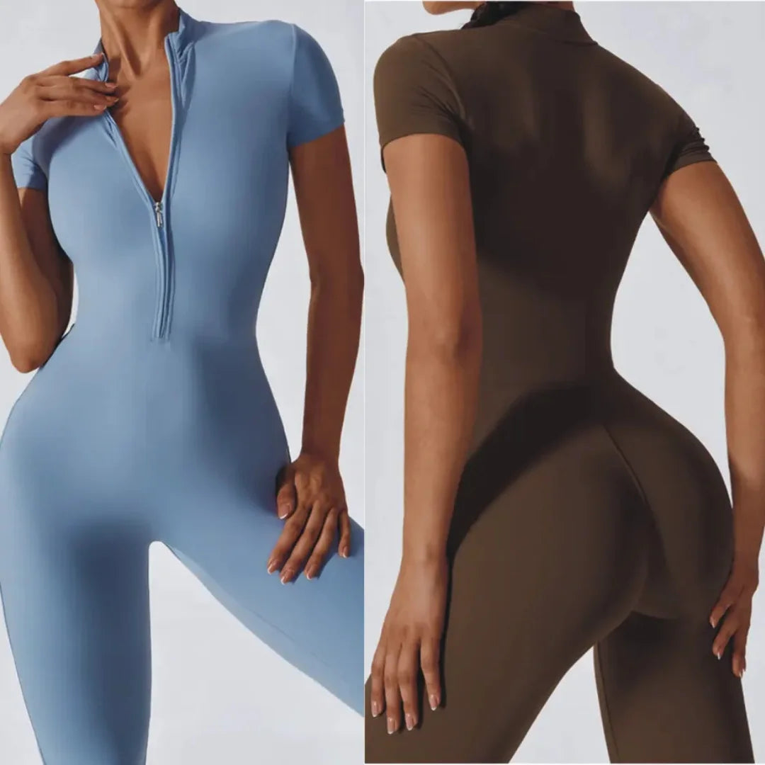 Naked zipper short sleeved yoga suit jumpsuit, quick drying breathable outdoor sports tight fitting jumpsuit, fitness suit Secondary image