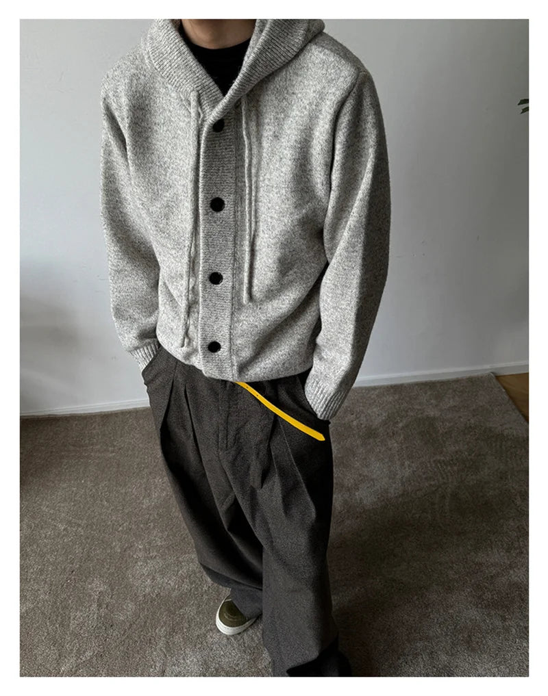 New Casual Luxury Hooded Knitted Cardigan For Man Korean Fashion Loose Button-up Sweater Y2K Vintage Streetwear Knitwear Coat