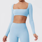 Hearuisavy Summer Quick Dry Square Neck Activewear Women Gym Top Fitness Sports Crop Top Female Casual Long Sleeve Yoga Clothes