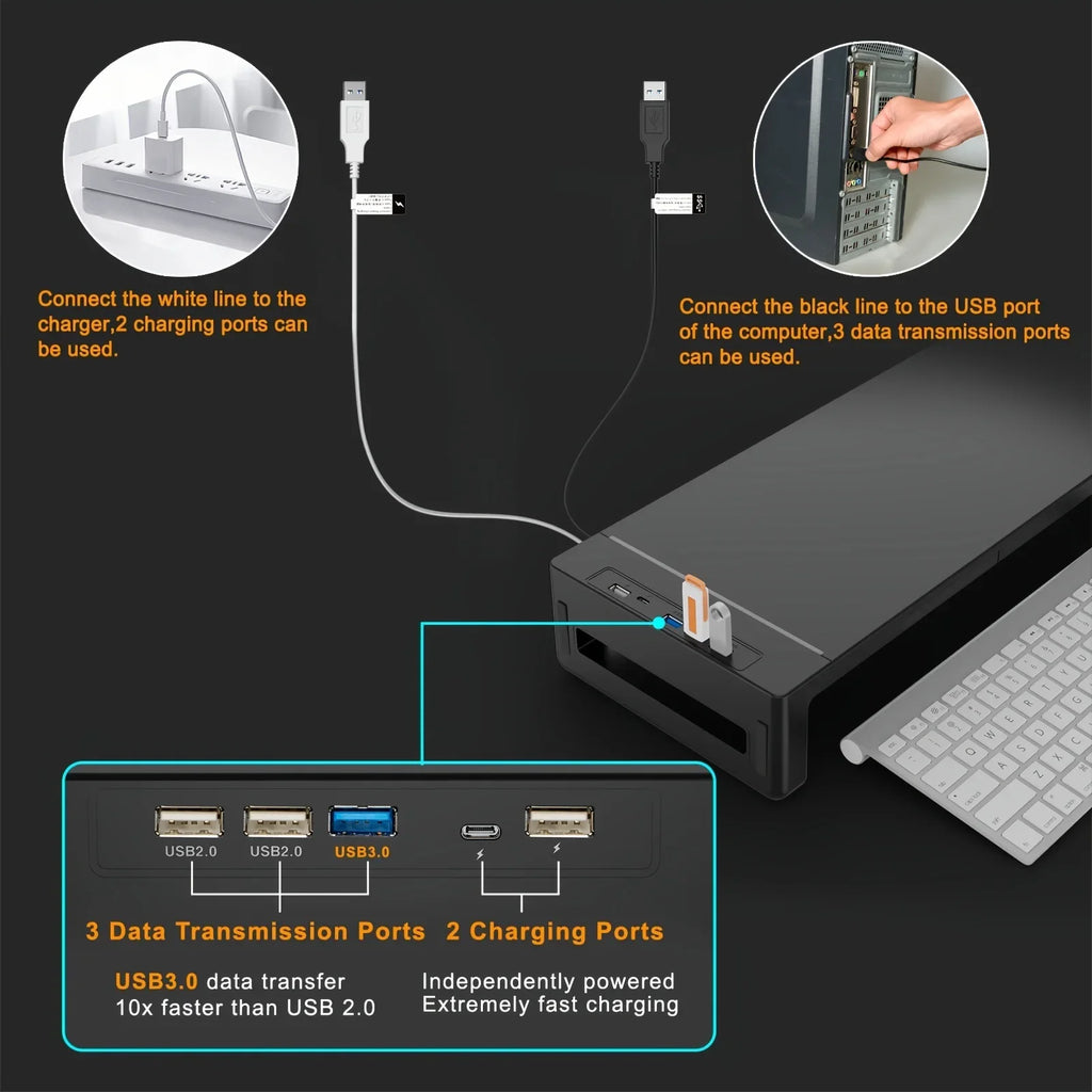 Monitor Stand Riser, With Foldable, Height Adjustable Computer Stand, Desk Shelf Riser with Storage Drawer &Tablet Phone