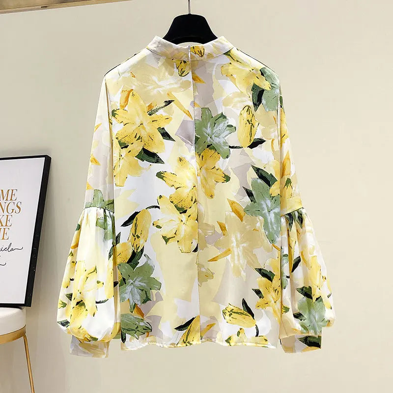 Yellow Floral Printing Chiffon Stand Collar Lantern Sleeve Pullover Women's Blouse Shirt Casual Female Clothing Tops Fashion Secondary image