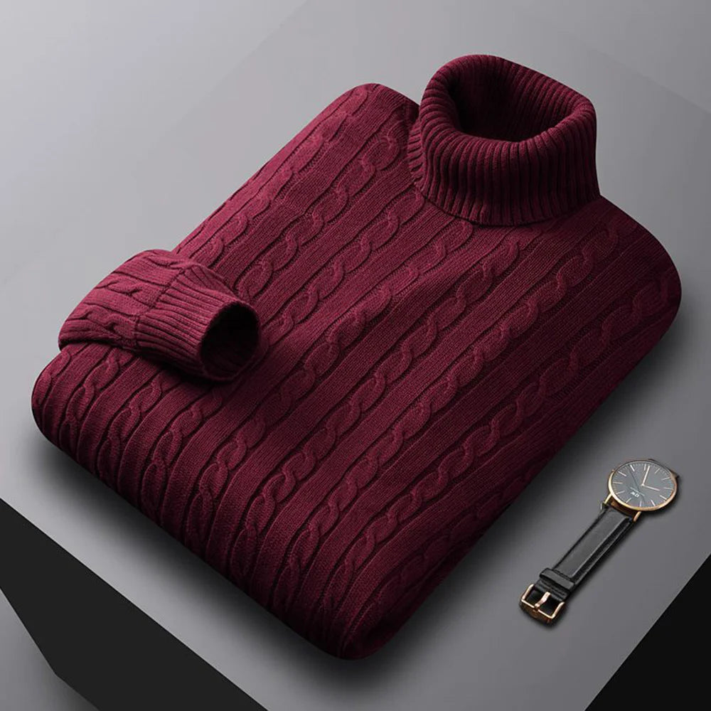 Autumn New Men's Turtleneck Jacquard Sweater Solid Color Knitted Pullover Casual Warmth High Elastic Versatile Male Sweatwear