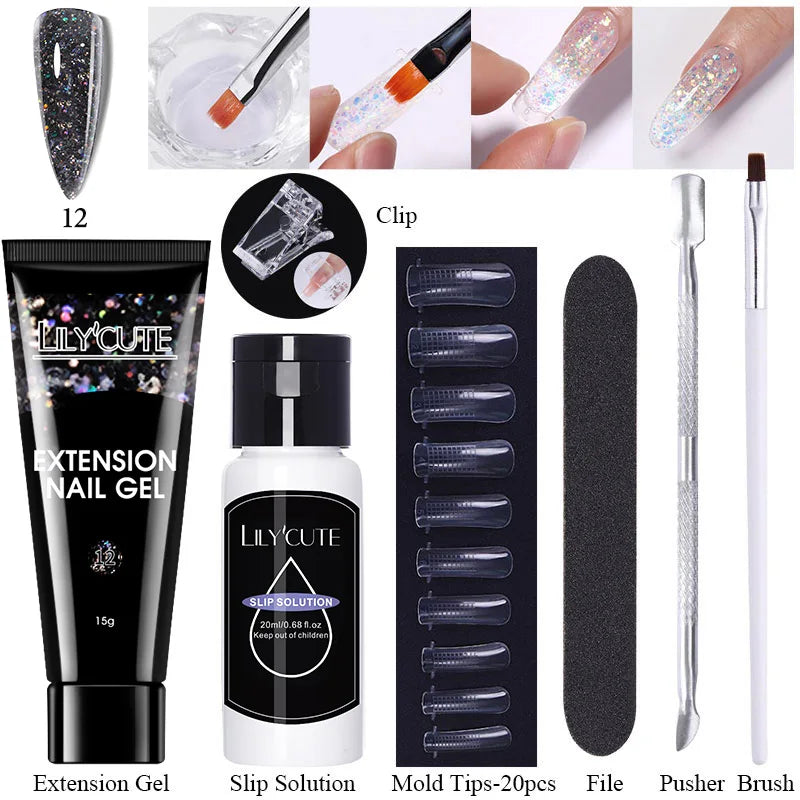 LILYCUTE 15ml Extension Gel Nail Polish Set Quick Nail Prolong With Extend Mold Nail Tips Acrylic Solution Manicure Tools Kit