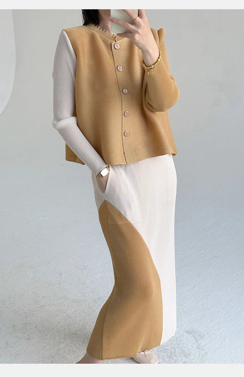 Khaki Beige Pleated Crew Neck Button Vest & Pleated Color Block Skirt Set Drapey Co-ord Set Minimalist Chic Trendy Daily 2026