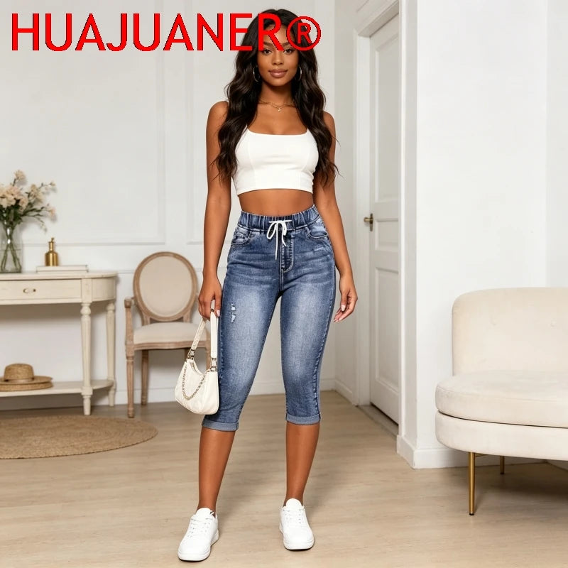 Hole Jeans Women Calf Length Pants Denim Fit High Waist Drawstring Pockets Vintage Pencil Trousers 2026 Streetwear Denims