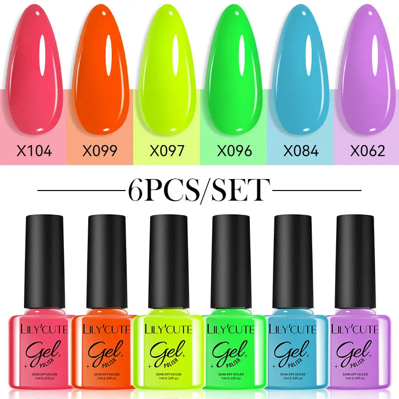 LILYCUTE 6PCS Gel Nail Polish Set Summer Neon Nail Gel Kits For DIY Nail Vernis Semi Permanent UV Lamp Gellak Nail Varnish Set