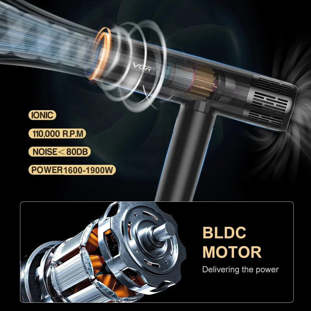 VGR Leafless Hair Dryer Professional Negative Ion Blower Dryer Brushless Motor 11000RPM Powerful Electric Dryer for Salon V-427 Secondary image