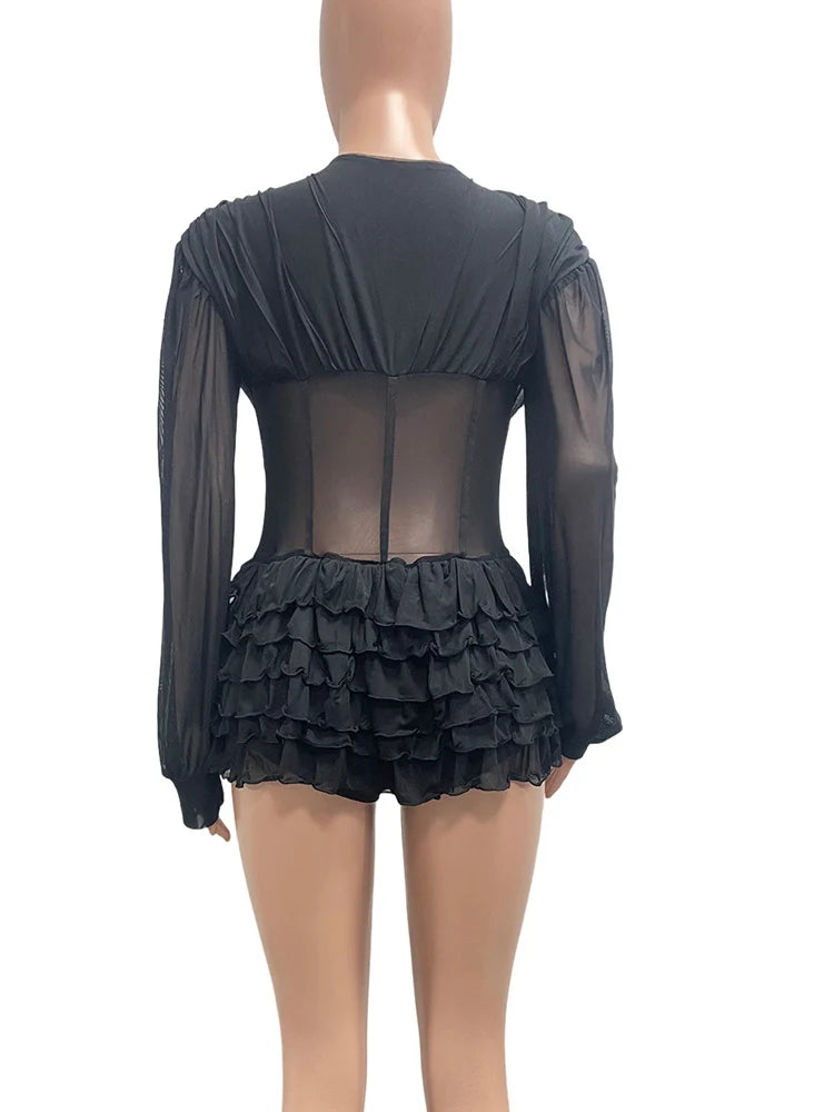 Beyprern Sexy Black Mesh Corset Jumpsuit Women Gothic Ruffle Layered Rompers Long Sleeve Sheer Bodysuit Nightclub Party Outfits