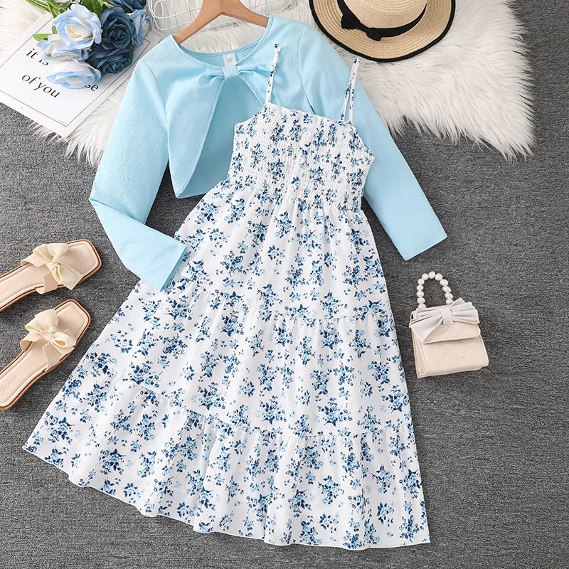 Kid Girl Long Sleeve Bow Design Coat & Beige All Print Shirred-Bodice Sling Dress Set Cute Sweet Elegant Princess Dress For Kids