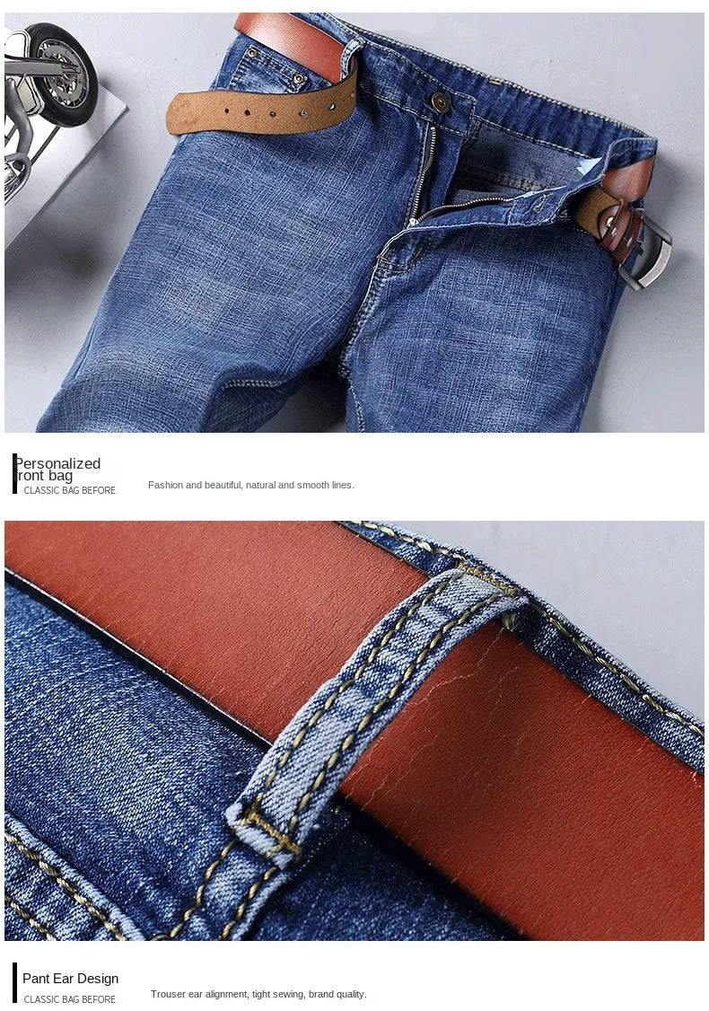 2024  Straight Regular Blue Stretch Denim Trousers Spring Autumn Men Classic Jeans Business Fashion Men's Smart Jeans