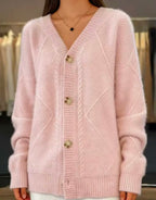 autumn and winter new solid color long sleeved V-neck knitted cardigan with breasted jacquard women's sweater