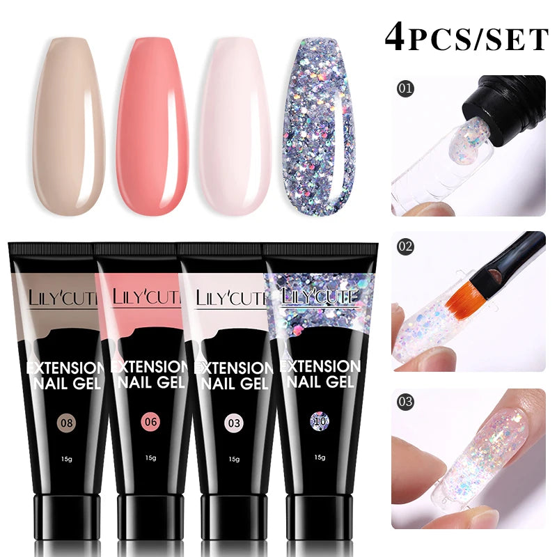 LILYCUTE 15ml Extension Gel Nail Polish Set Quick Nail Prolong With Extend Mold Nail Tips Acrylic Solution Manicure Tools Kit
