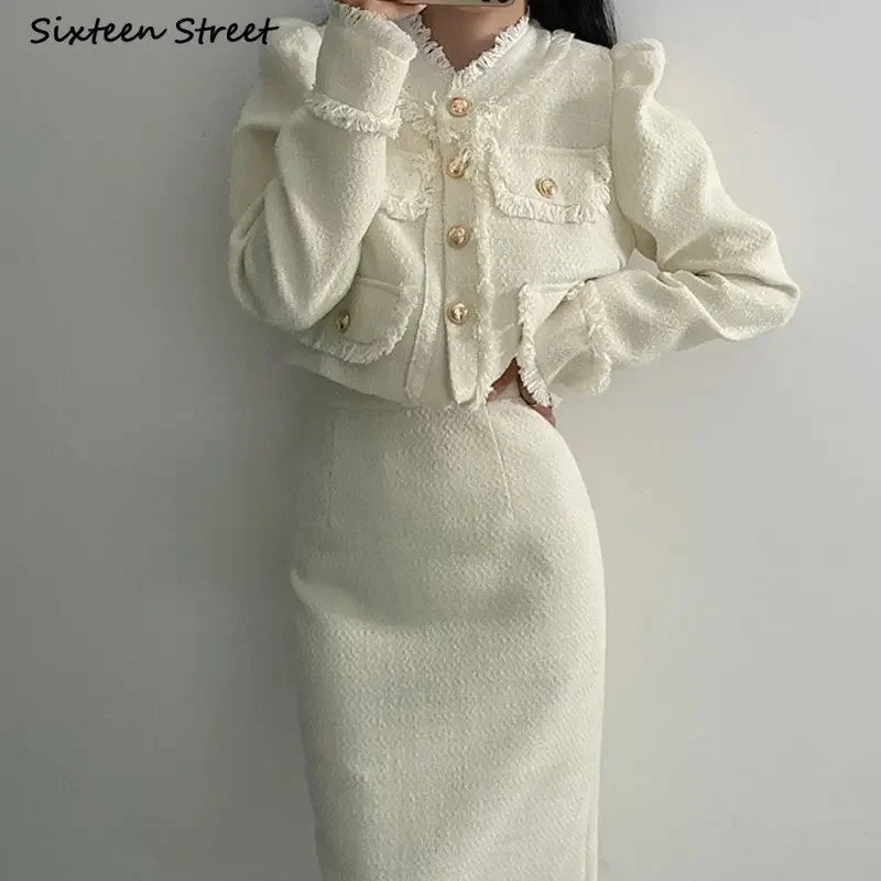 Beige Tweed Jacket + High Waisted Skirts Women Winter  Golden Button 2 Piece Sets Wool Luxury Vintage Skirts Sets Autumn Secondary image