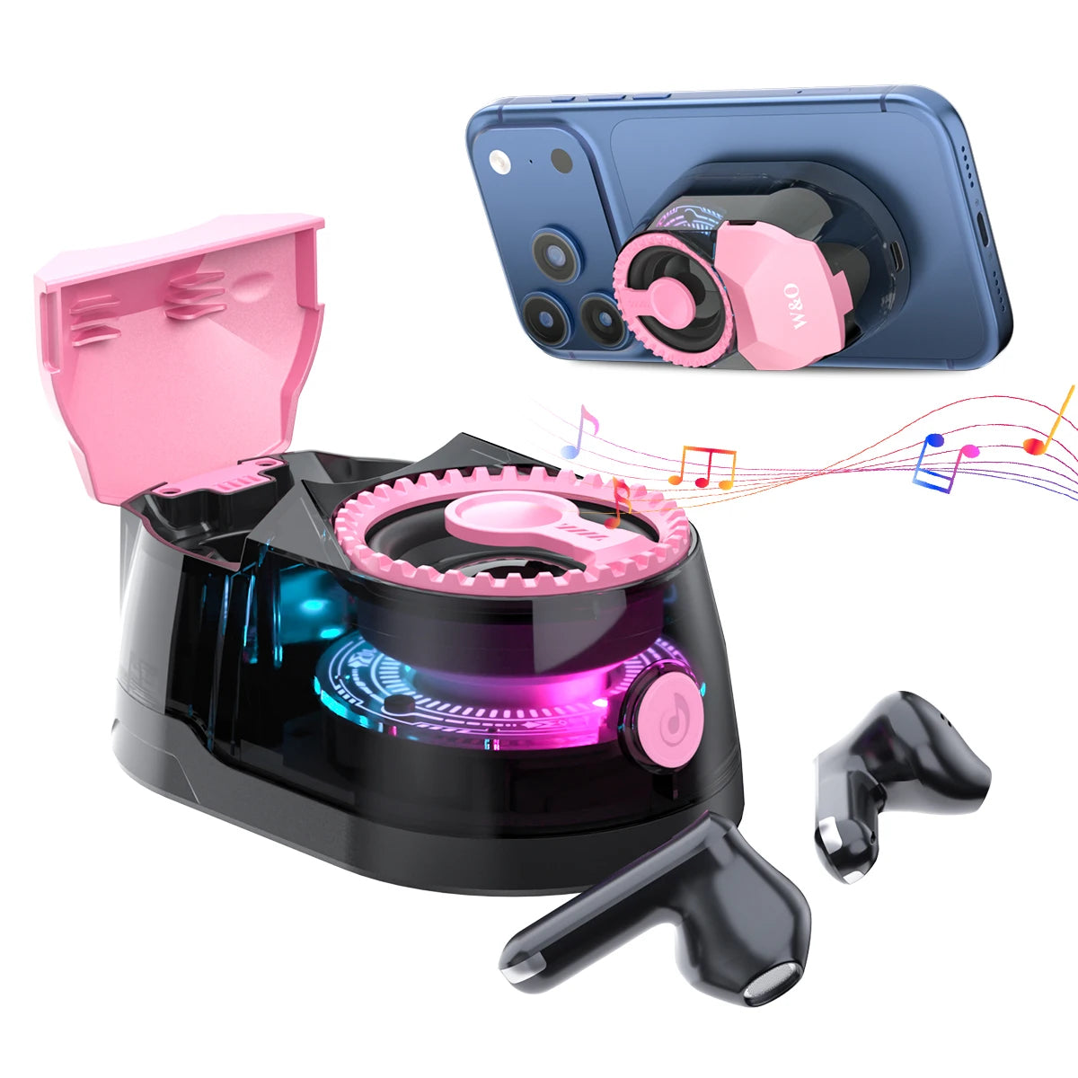 Magnetic 3-in-1 Bluetooth Speaker with Earbuds, Phone Stand,RGB Light, Portable Wireless Headset for iPhone/Android Main image