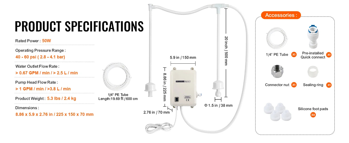 SucceBuy Bottled Water Dispensing Pump w/PE Pipe 1 Gal/MIN 40 PSI for Coffee Tea Machine Water Dispenser Refrigerator Ice Maker