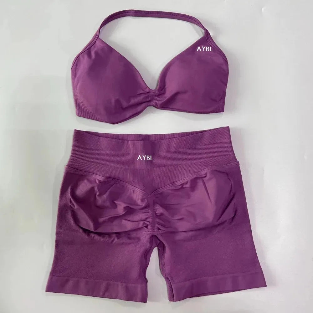 AYBL 2PCS Yoga Set Gym Set Women Strappy Yoga Bra Top High Waist Workout Scrunch Shorts Sports Suit Seamless Yoga Set Fitness