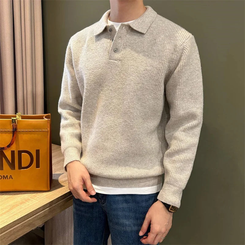 Winter Men's Solid Color Polo Neck Knitted Sweaters Casual Retro Warm Pullovers Knitwear Elegant Y2K Streetwear Jersey Hombre Secondary image