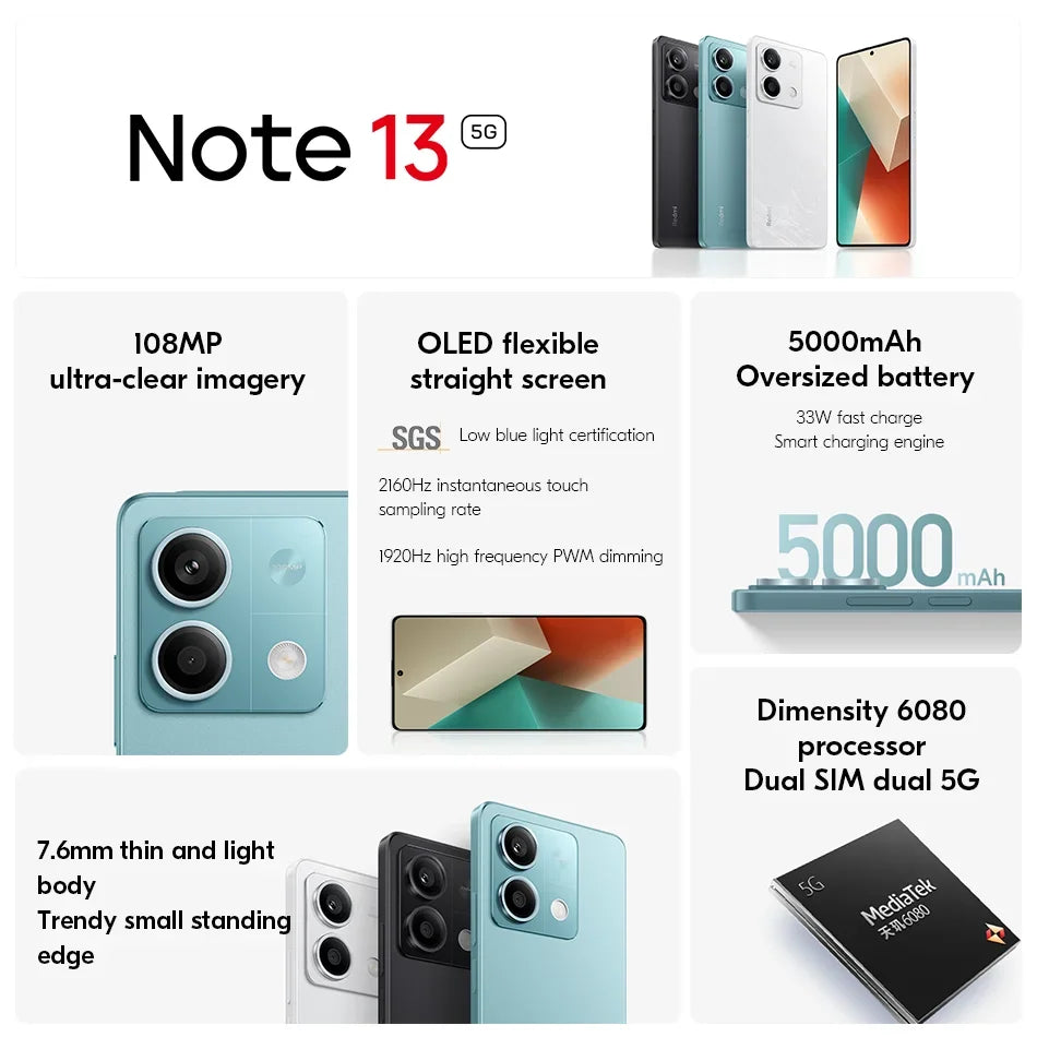 Global firmware  Xiaomi Redmi Note 13 5G Smartphone 128GB 256GB ROM Dimensity 6080 6.67'' AMOLED Screen 5000mAh 33W used phone