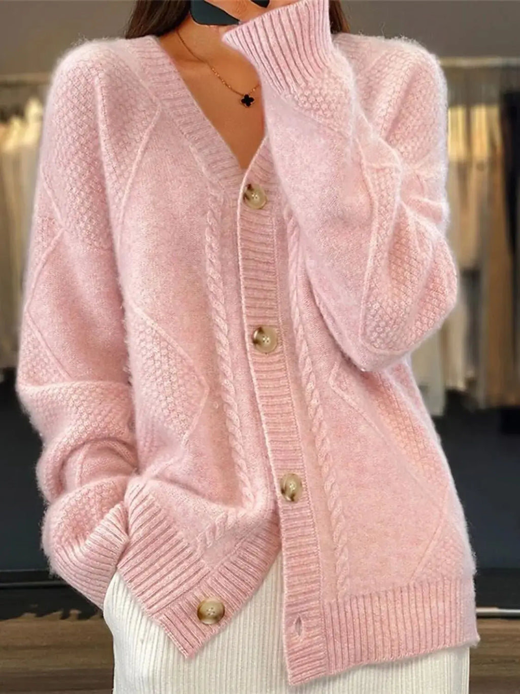 autumn and winter new solid color long sleeved V-neck knitted cardigan with breasted jacquard women's sweater