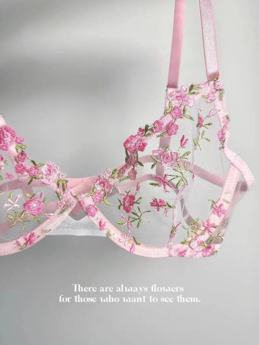 European Women Alluring Sheer Lace Embroidery Underwire Bra, Big Bust Support Minimize Anti‑Sagging Soft Lingerie S‑XL  Bra Set