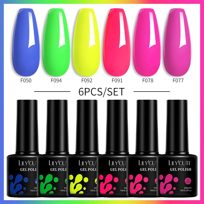 LILYCUTE 6PCS Gel Nail Polish Set Summer Neon Nail Gel Kits For DIY Nail Vernis Semi Permanent UV Lamp Gellak Nail Varnish Set